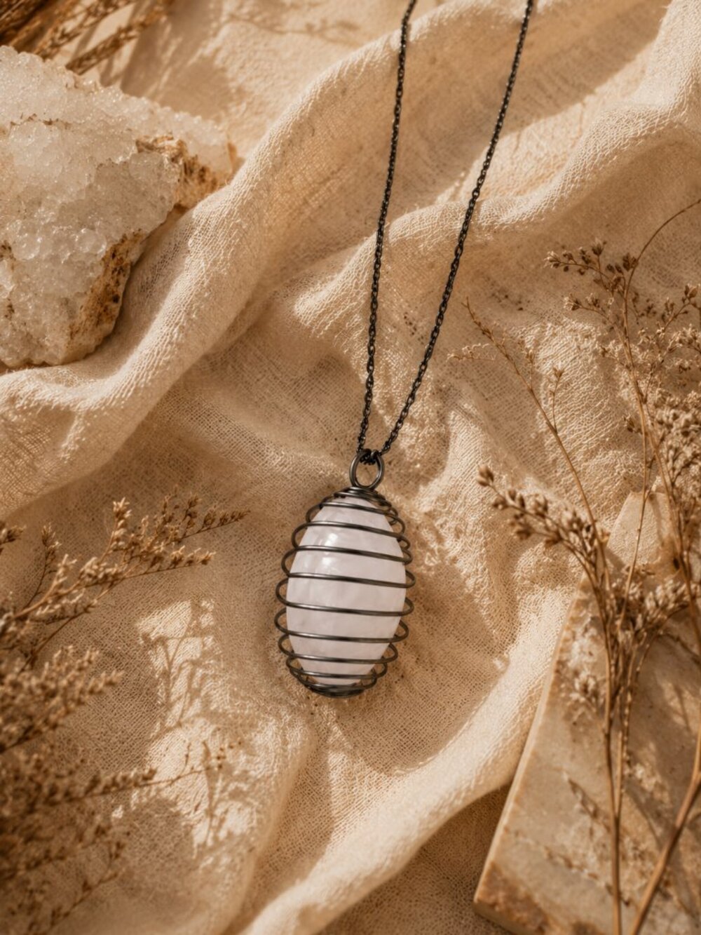 Handmade Rose Quartz Healing Crystal Necklace Large Statement Pendant